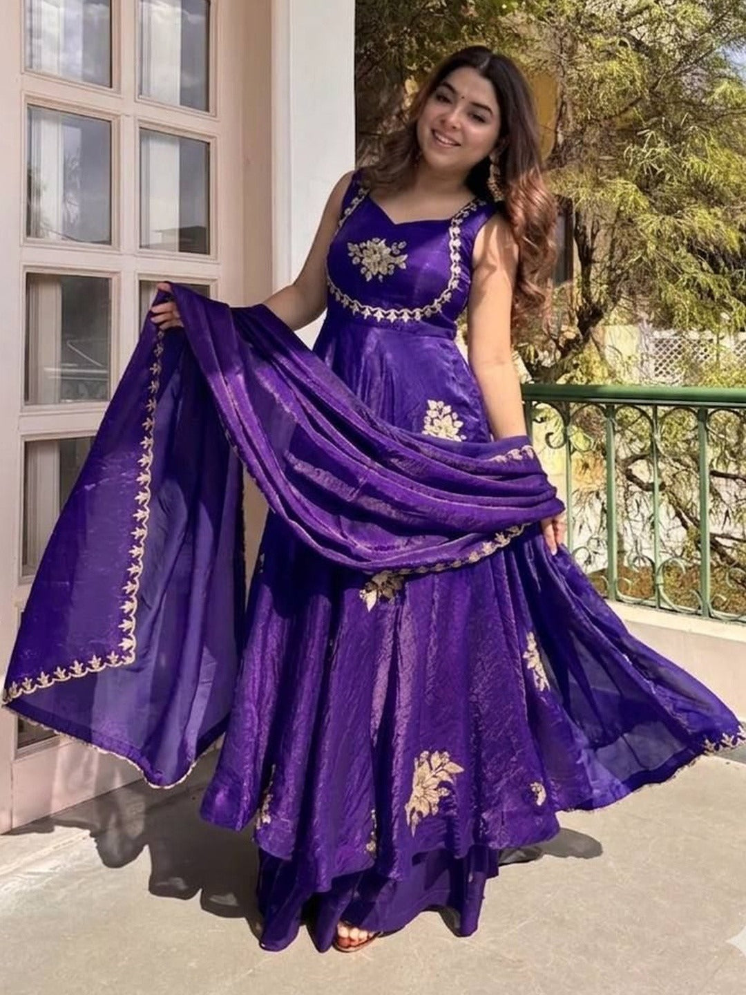 Purple  Floral Embroidered Anarkali Suit Set with Dupatta