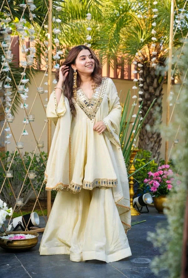 Ivory Mirror-Work Anarkali Sharara Set with Dupatta