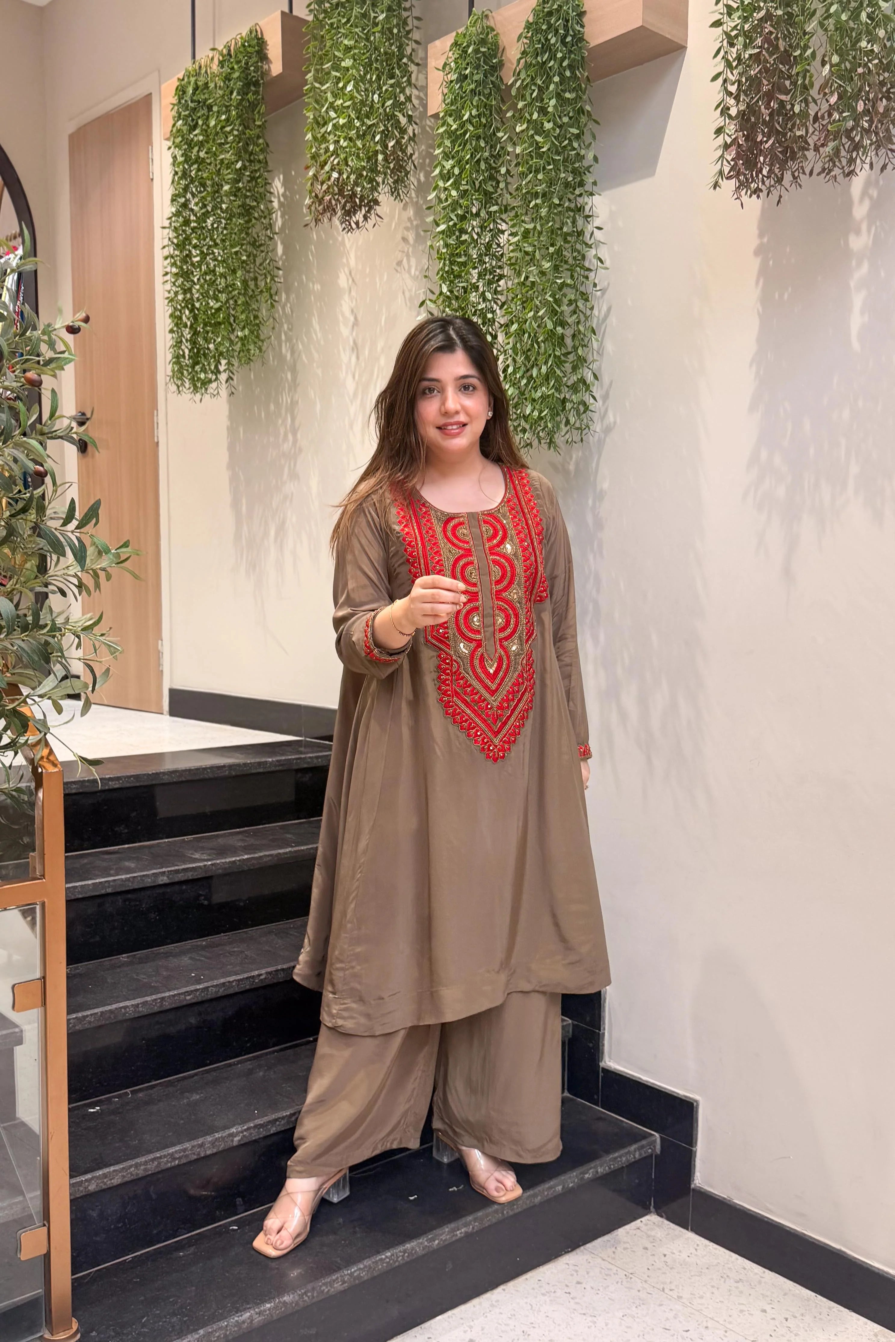 Coffee Brown Embroidered Kurta Set for Women