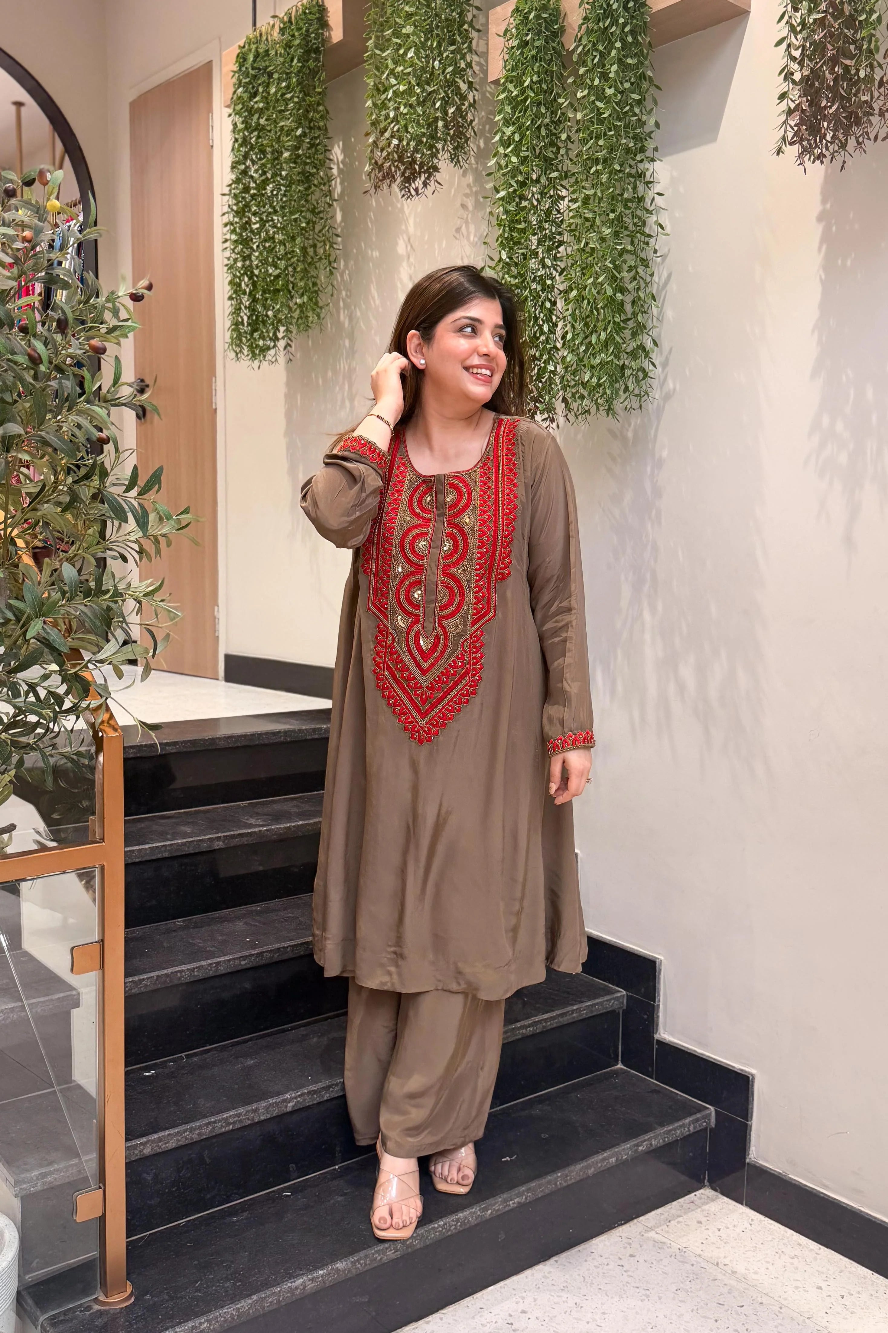Coffee Brown Embroidered Kurta Set for Women