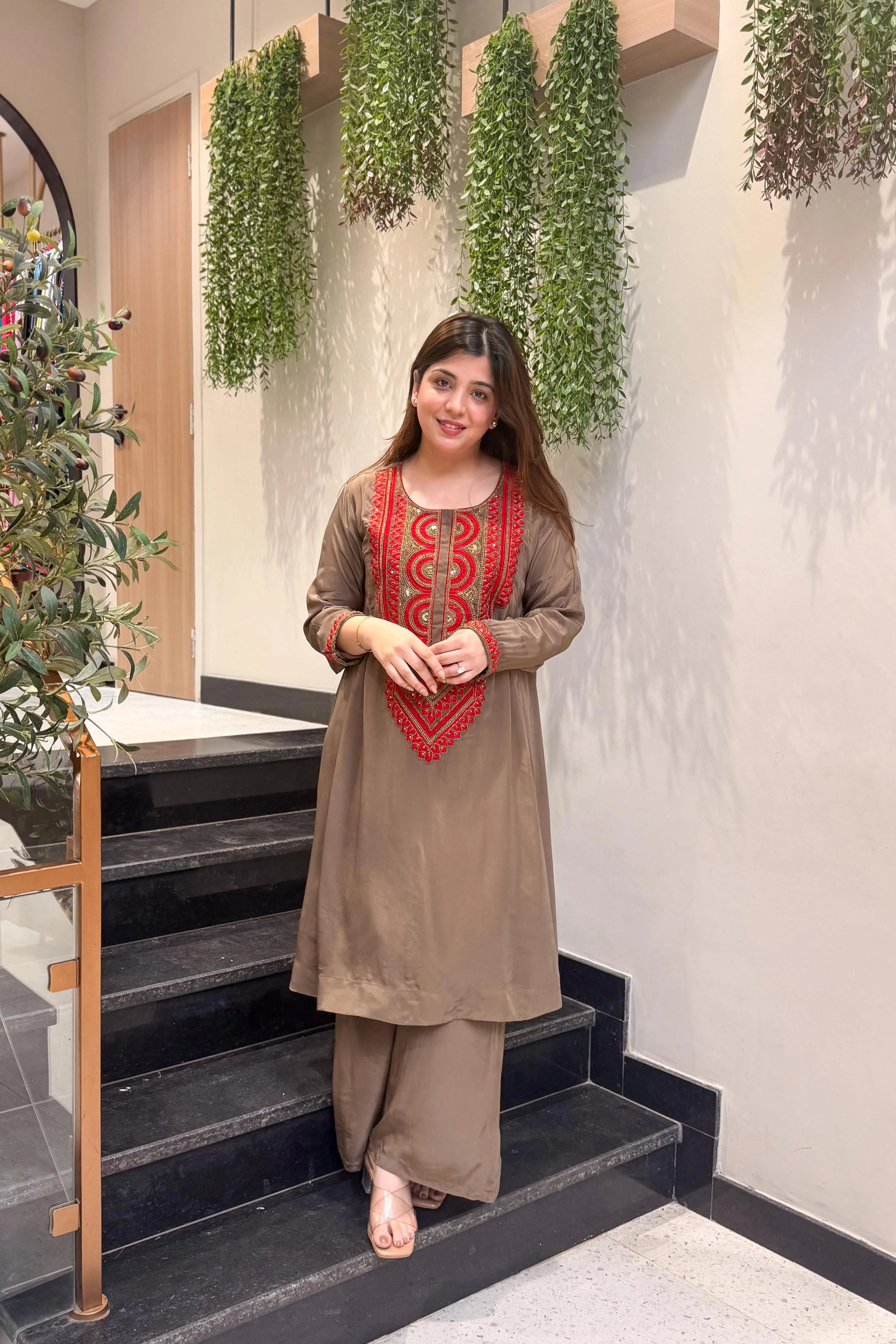 Coffee Brown Embroidered Kurta Set for Women