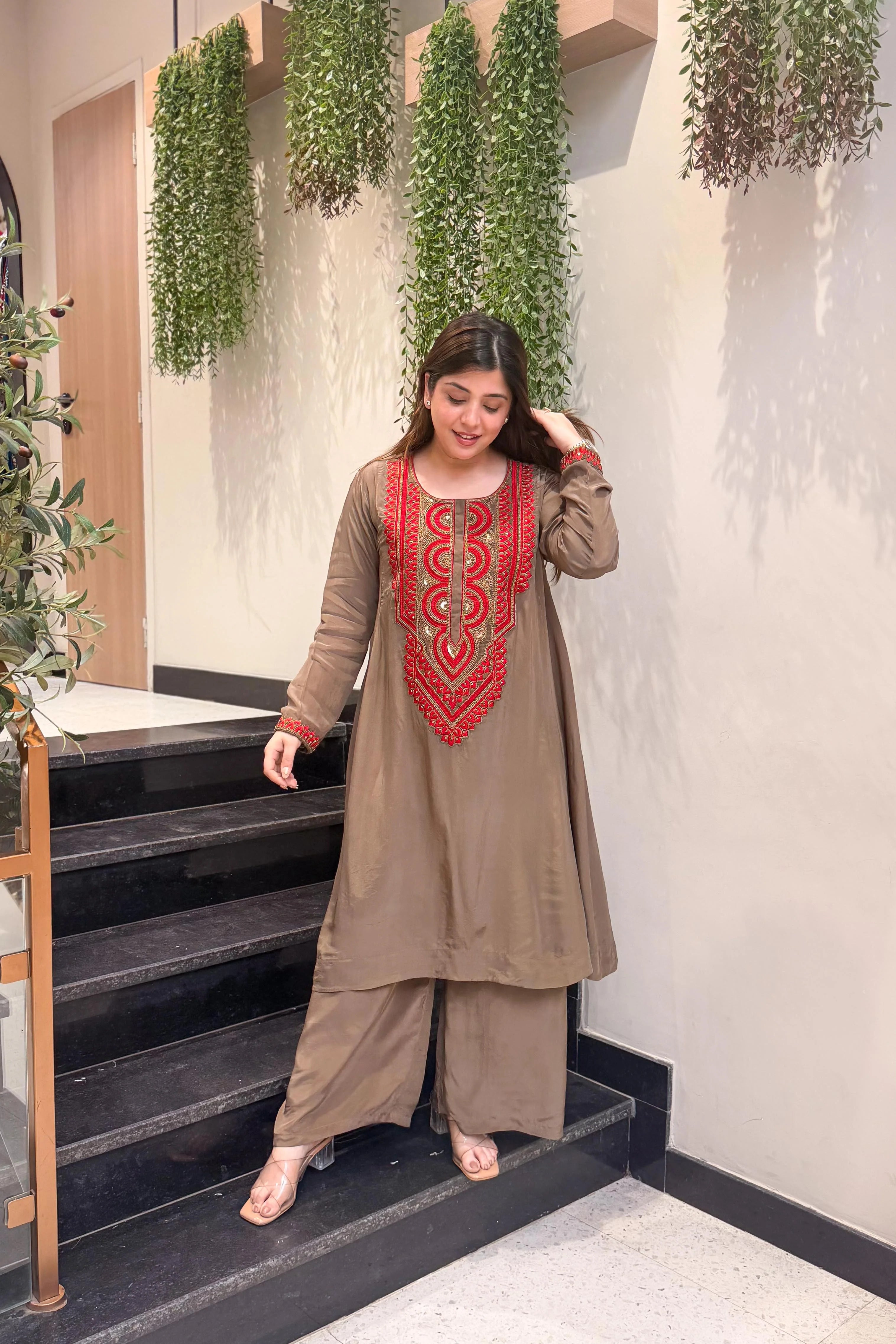 Coffee Brown Embroidered Kurta Set for Women