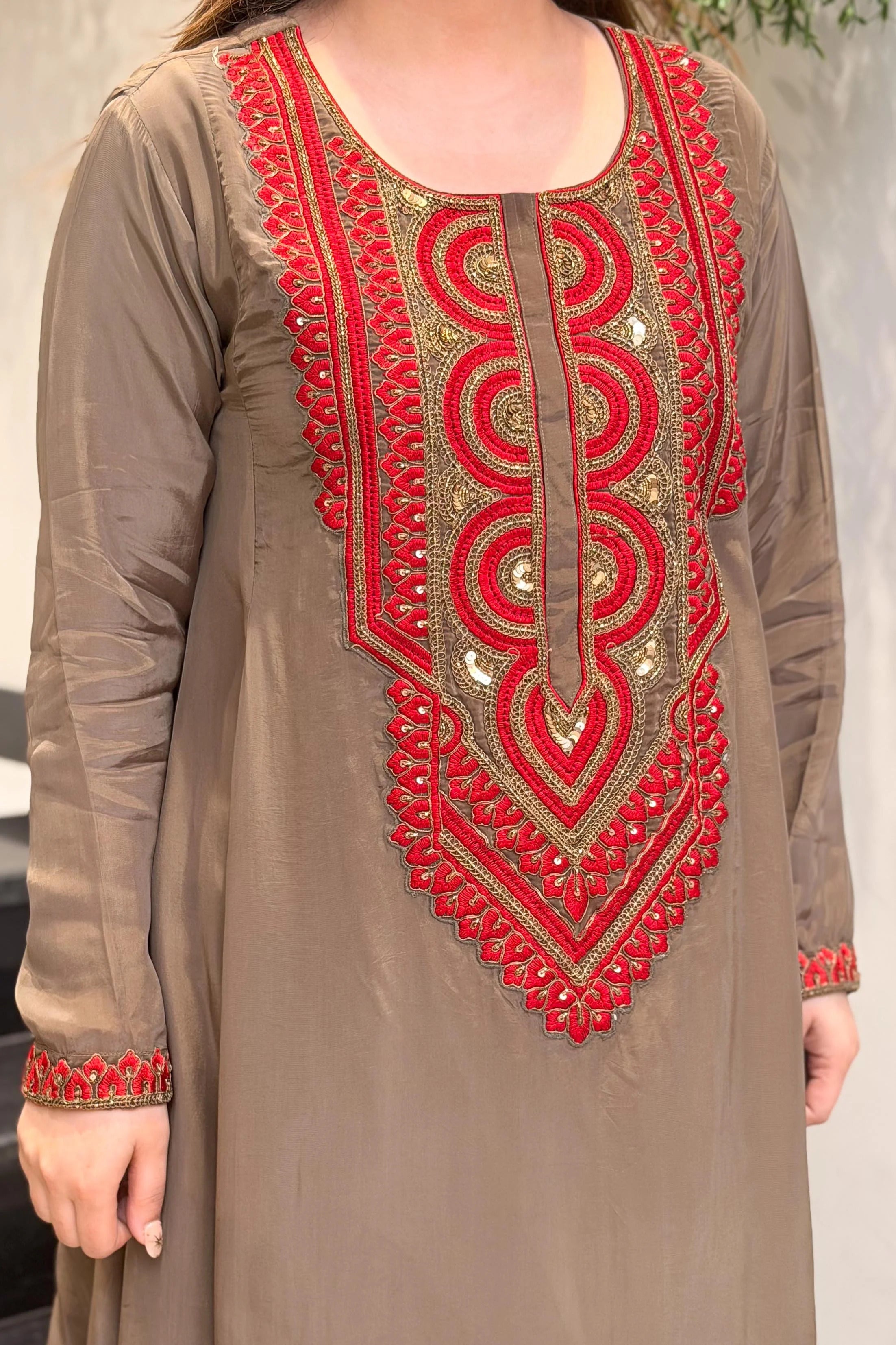 Coffee Brown Embroidered Kurta Set for Women