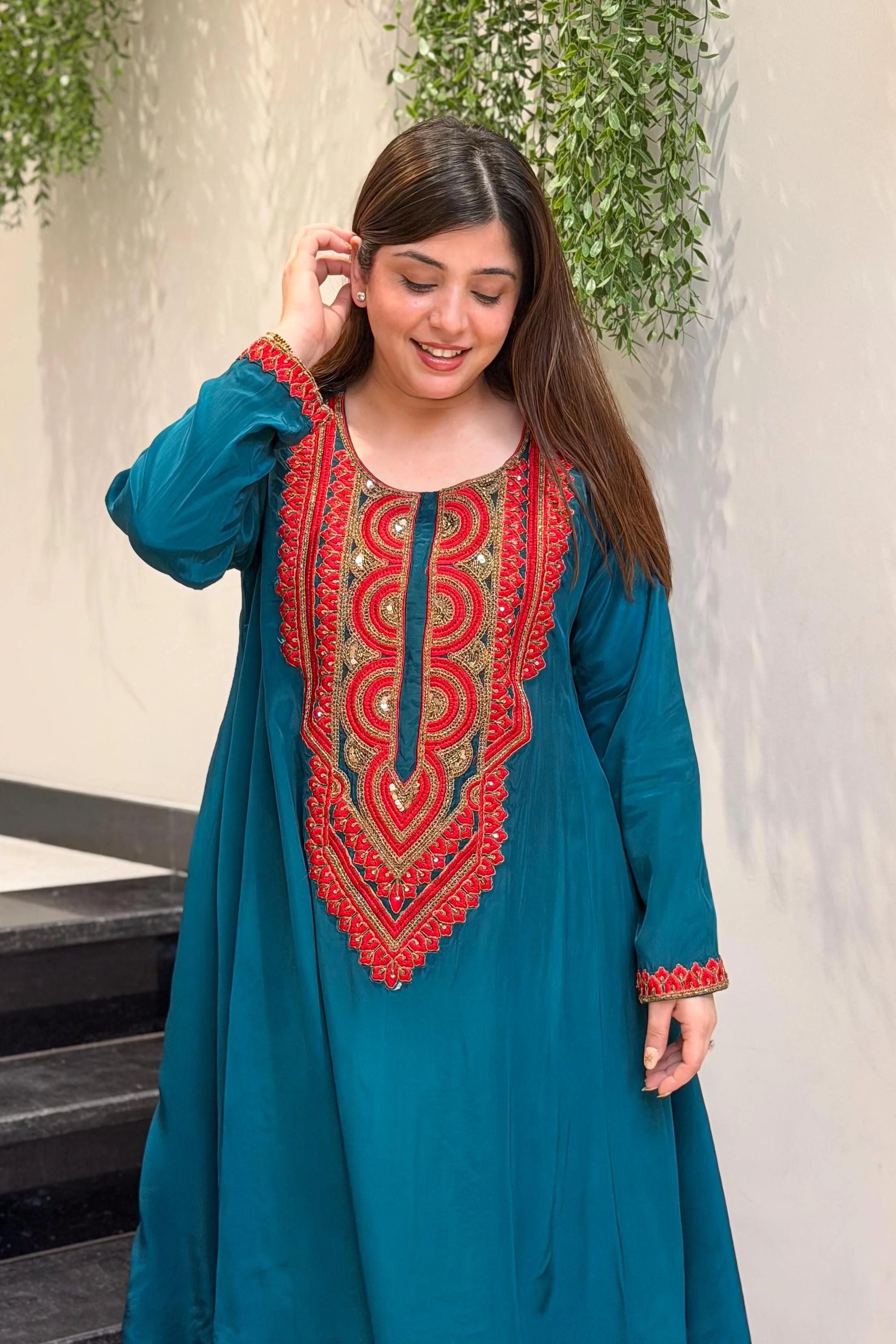 Teal Blue Embroidered Kurta Palazzo Set for Women