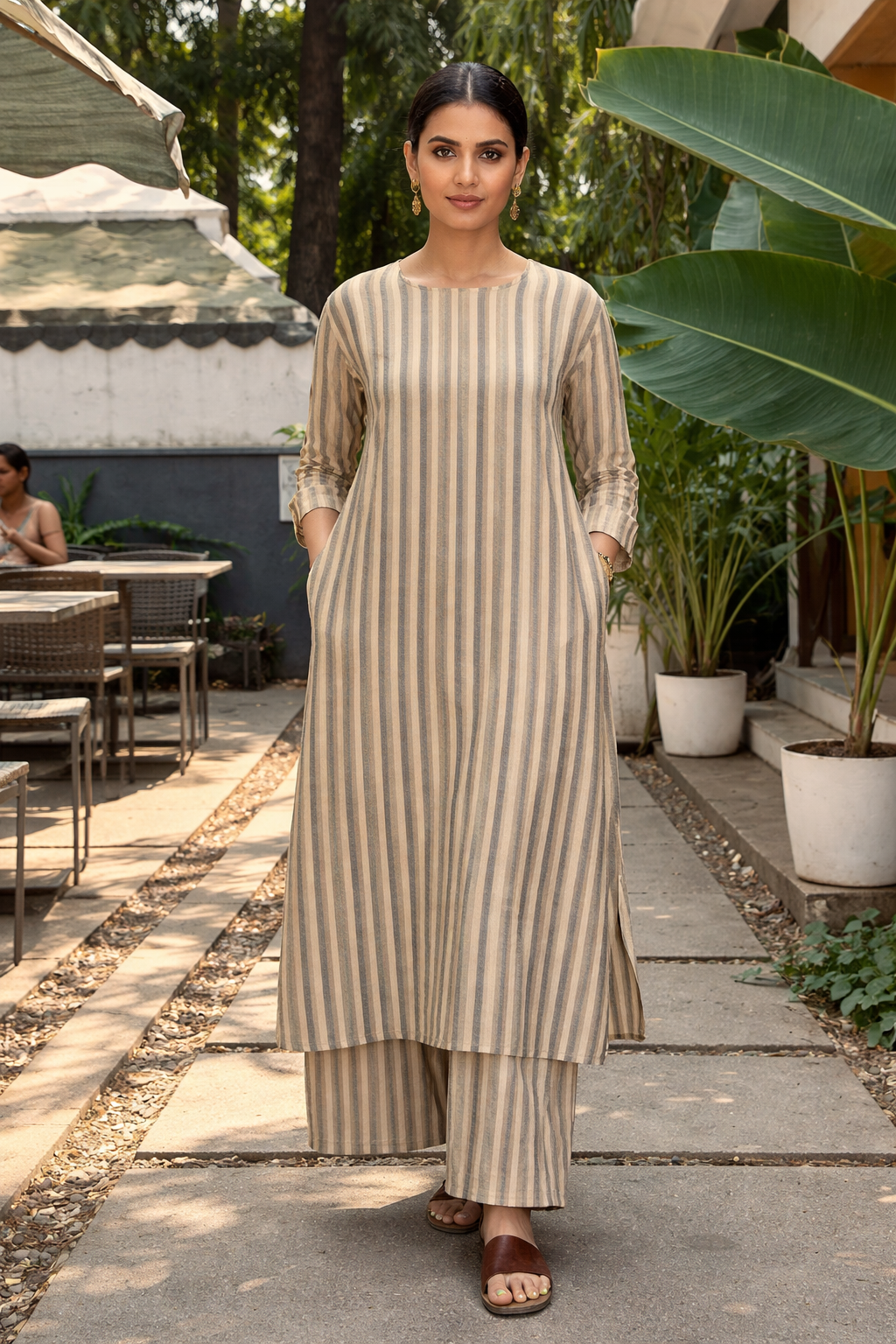 Elegant Vertical Stripe Coord Set with Straight Kurta & Relaxed Pants