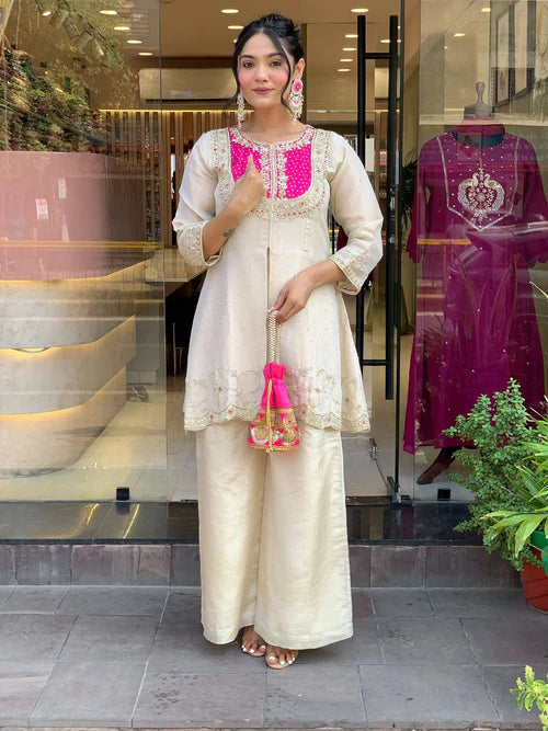 Elegant Cream & Pink Glass Tissue Suit Set
