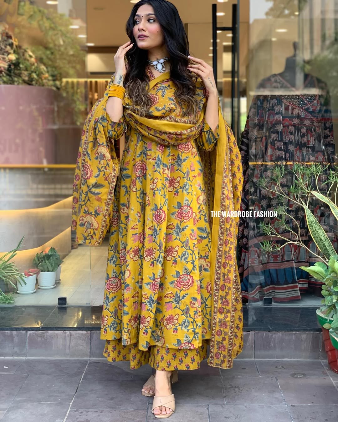 Women's Printed Cotton Anarkali Kurta & Pant With Dupatta Set