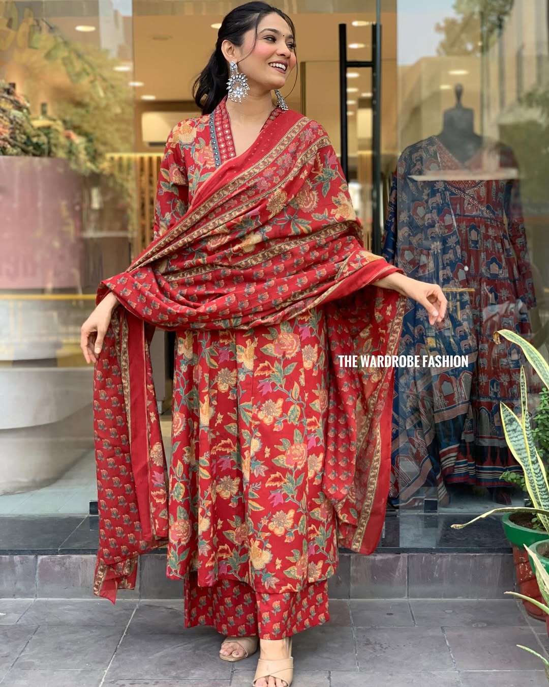 Women's Printed Cotton Anarkali Kurta & Pant With Dupatta Set