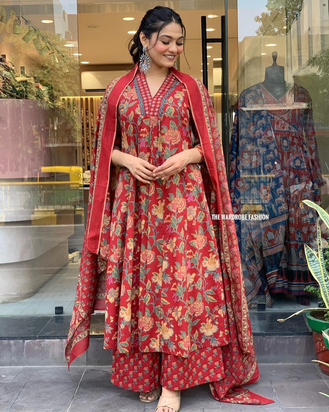 Women's Printed Cotton Anarkali Kurta & Pant With Dupatta Set