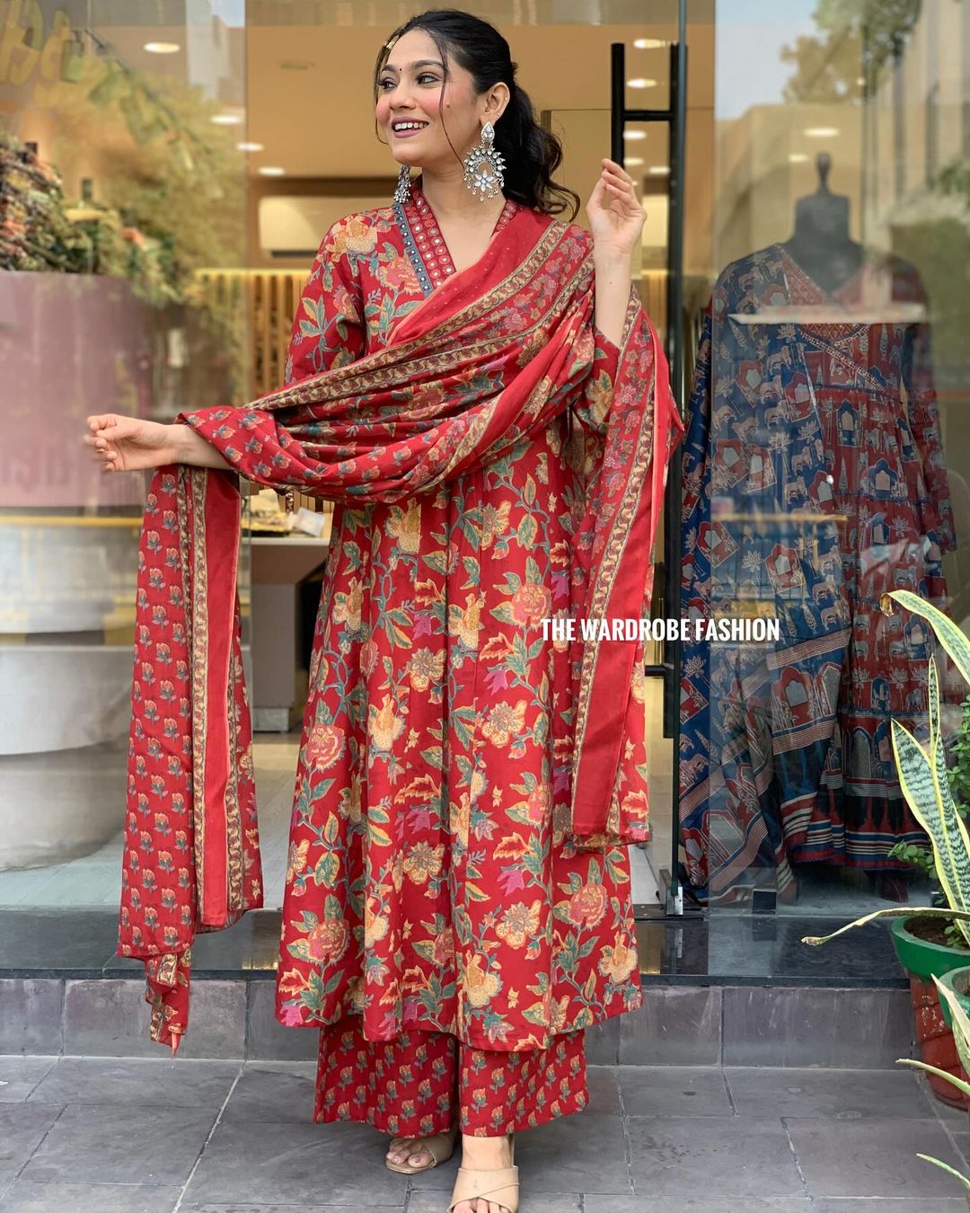 Women's Printed Cotton Anarkali Kurta & Pant With Dupatta Set
