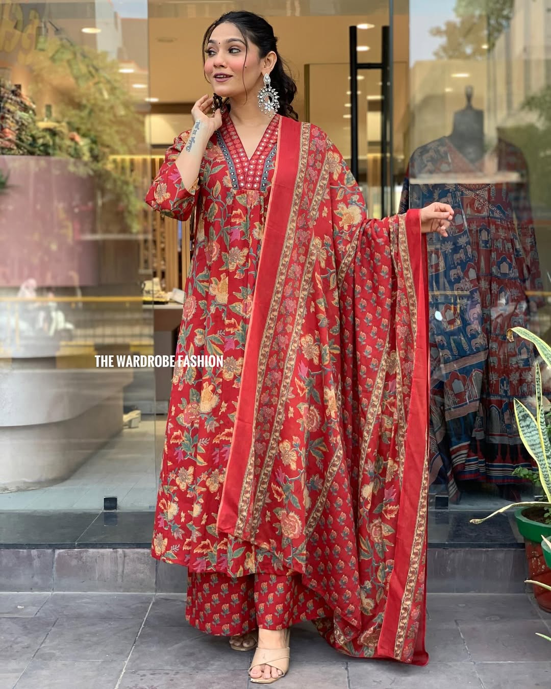 Women's Printed Cotton Anarkali Kurta & Pant With Dupatta Set