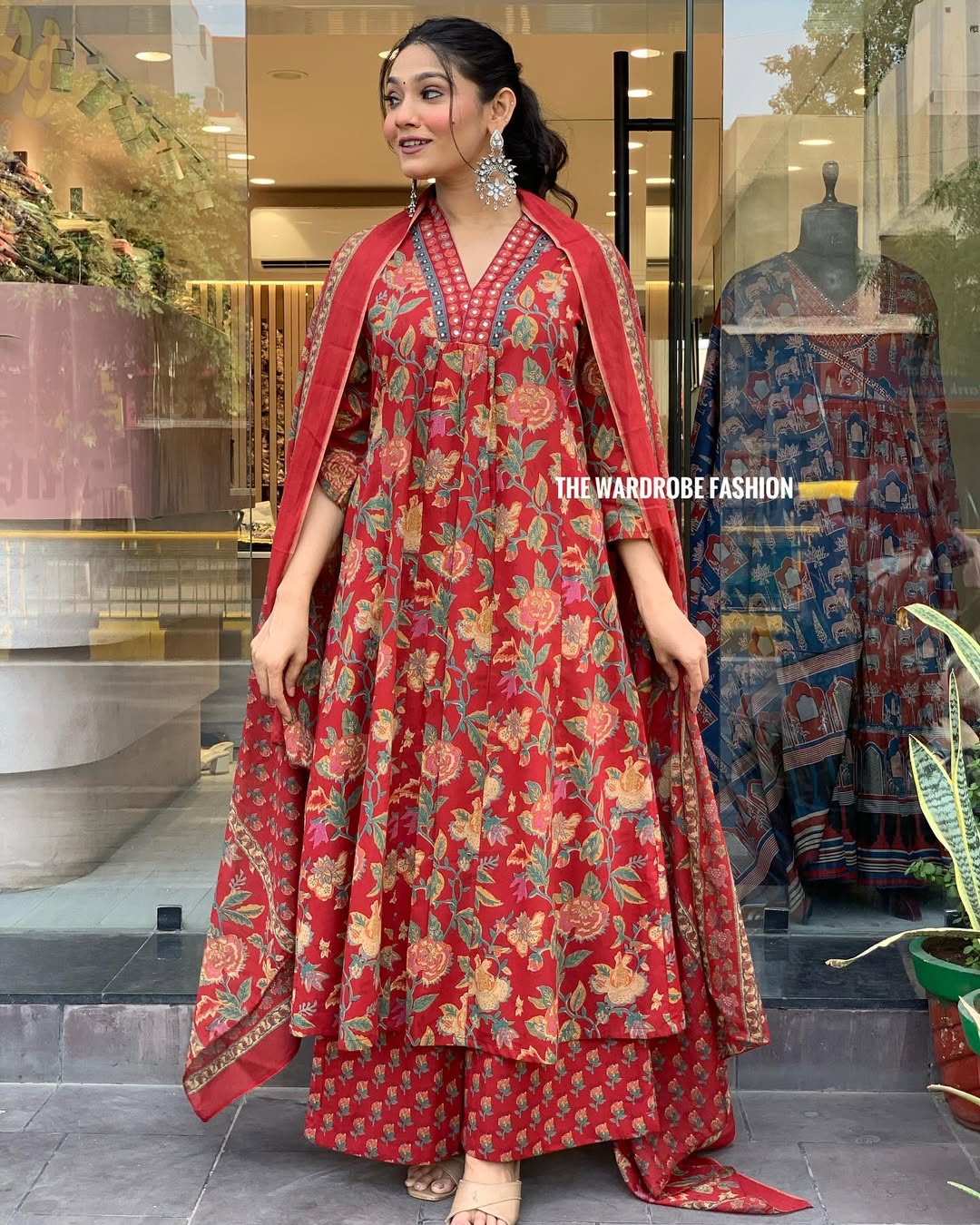 Women's Printed Cotton Anarkali Kurta & Pant With Dupatta Set