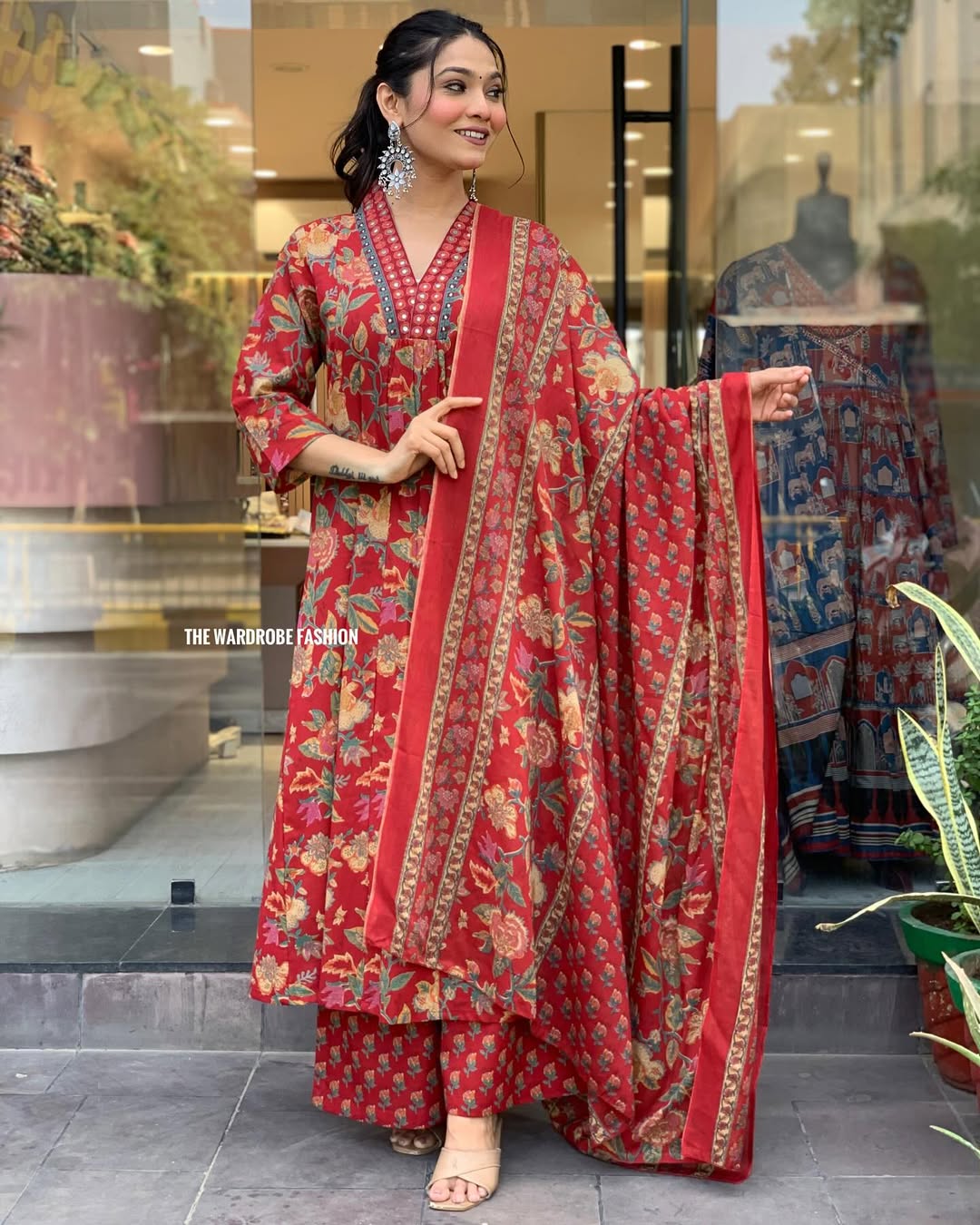 Women's Printed Cotton Anarkali Kurta & Pant With Dupatta Set