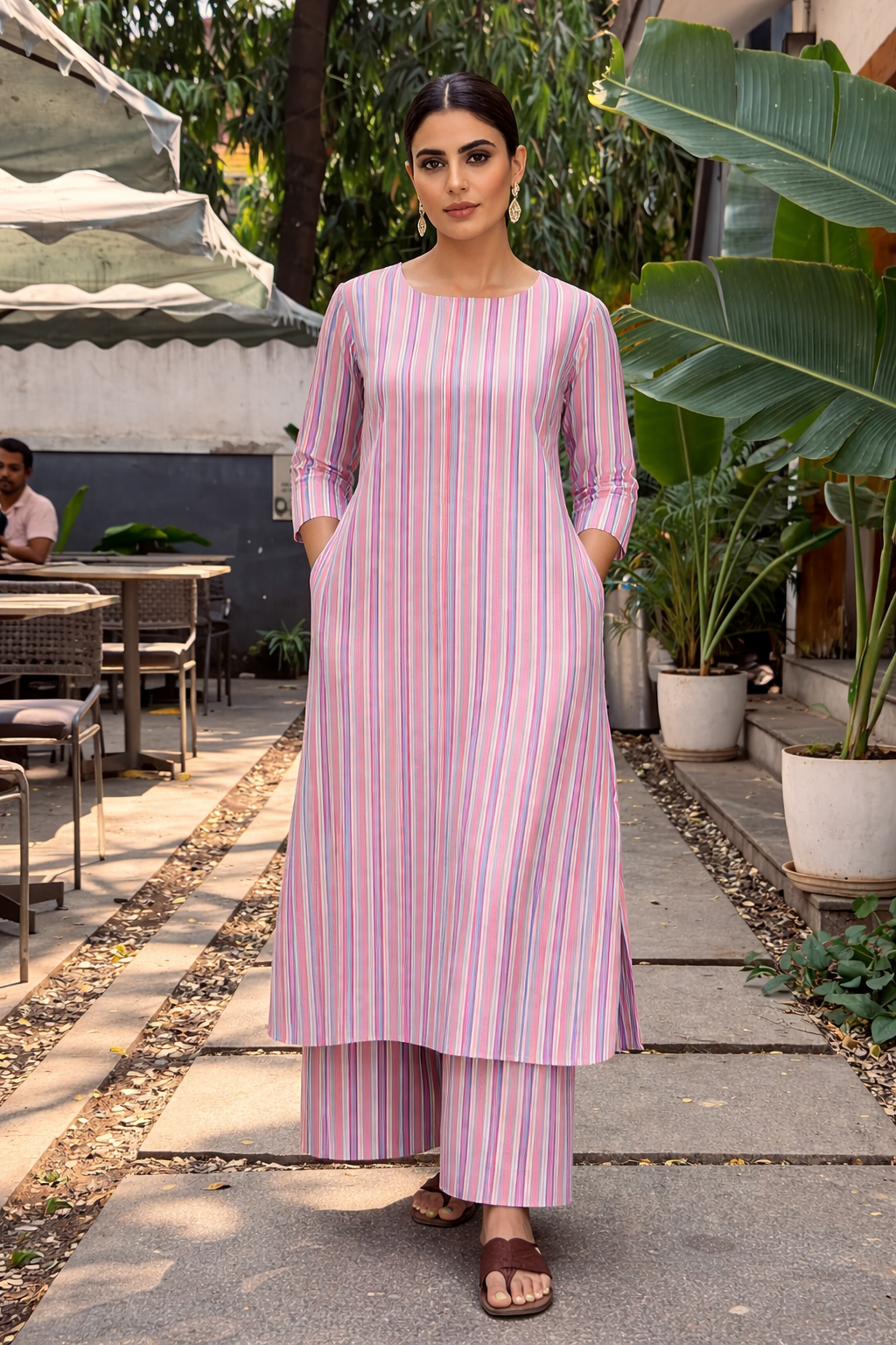 Elegant Vertical Stripe Coord Set with Straight Kurta & Relaxed Pants