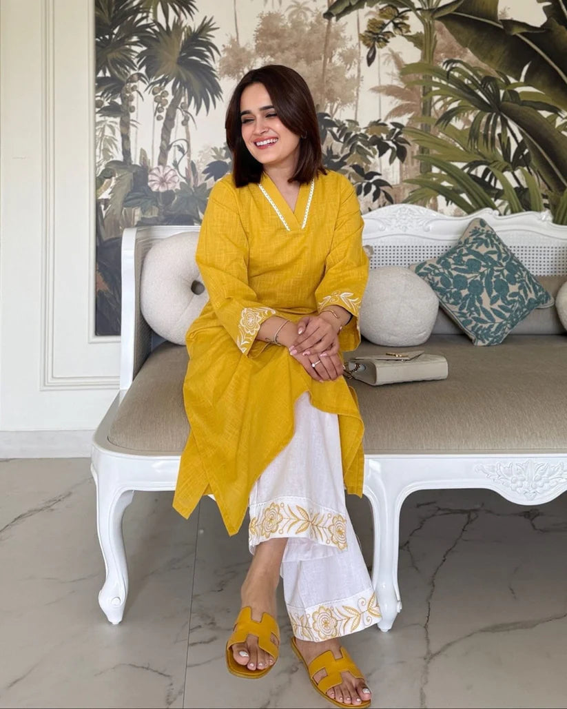 Mustard Yellow Cotton Kurta with White Embroidered Palazzo Set