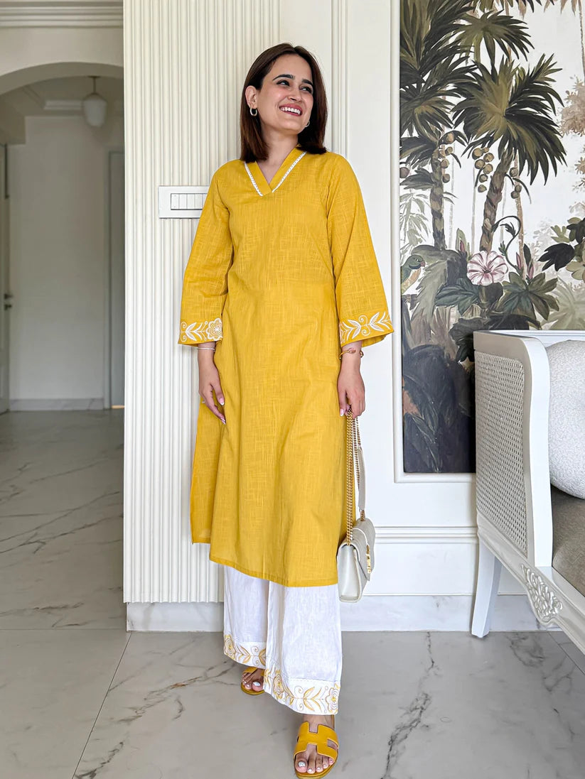 Mustard Yellow Cotton Kurta with White Embroidered Palazzo Set