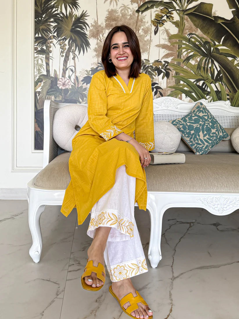 Mustard Yellow Cotton Kurta with White Embroidered Palazzo Set