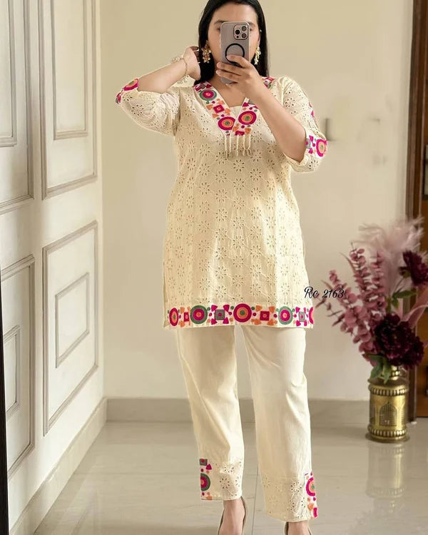 Off-White Cotton Eyelet Kurta Set with Colorful Mirror-Style Embroidery