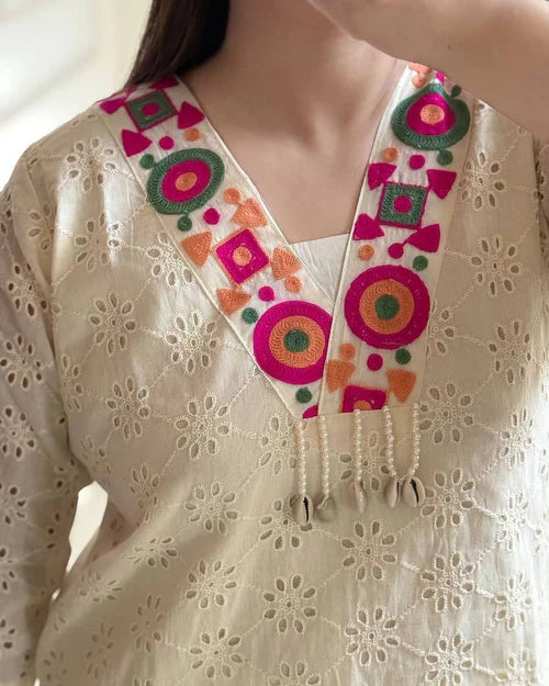 Off-White Cotton Eyelet Kurta Set with Colorful Mirror-Style Embroidery