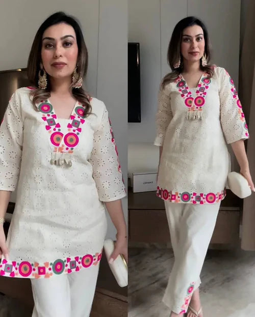 Off-White Cotton Eyelet Kurta Set with Colorful Mirror-Style Embroidery