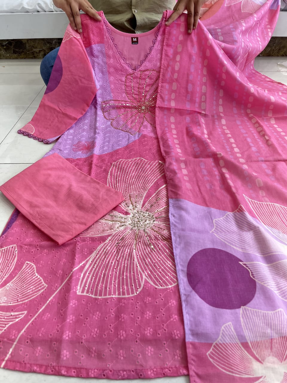 pink Schiffli Handwork Linen Suit