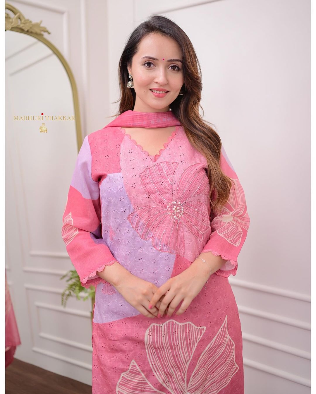 pink Schiffli Handwork Linen Suit