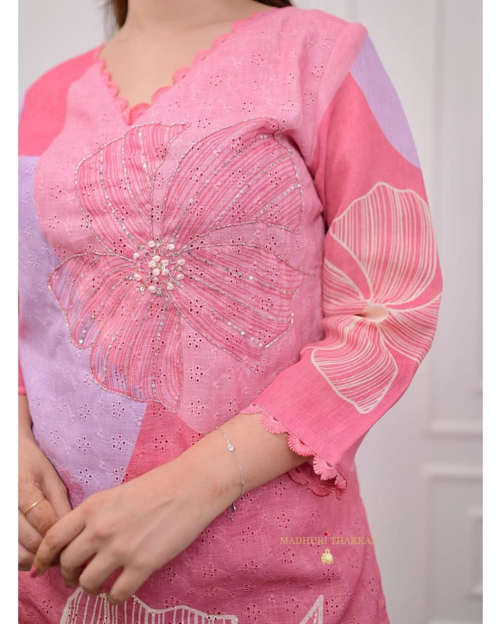 pink Schiffli Handwork Linen Suit