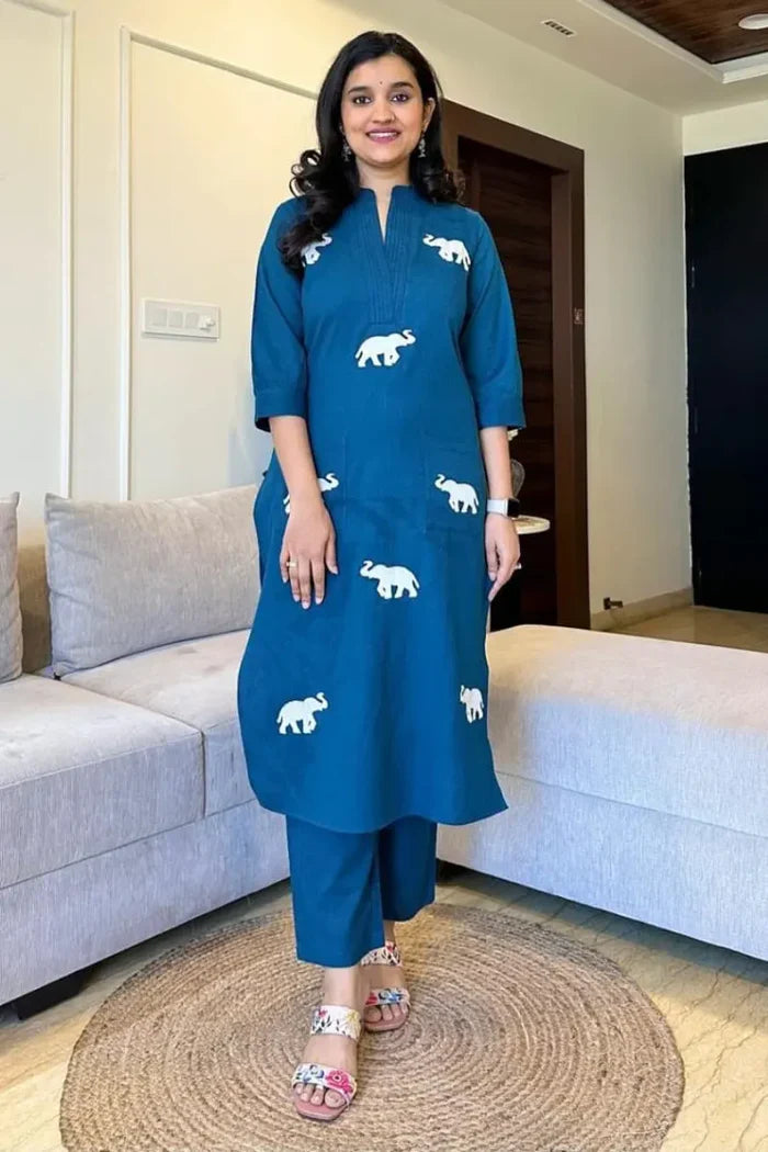Blue Elephant Embroidered Kurta with Pant