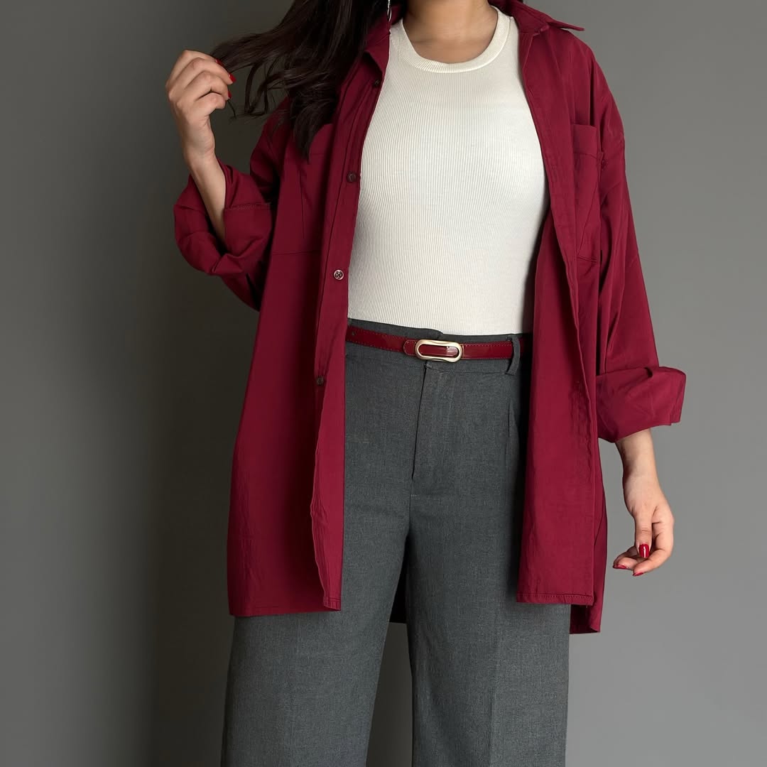 Wrinkle-Textured Shirt Maroon Burgundy