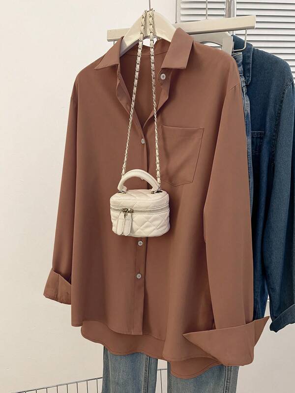 Women's Simple Solid Color Daily Wear Buttoned Shirt,Long Sleeve Tops