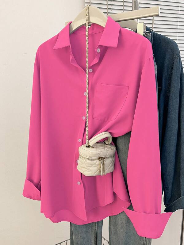 Women's Simple Solid Color Daily Wear Buttoned Shirt,Long Sleeve Tops