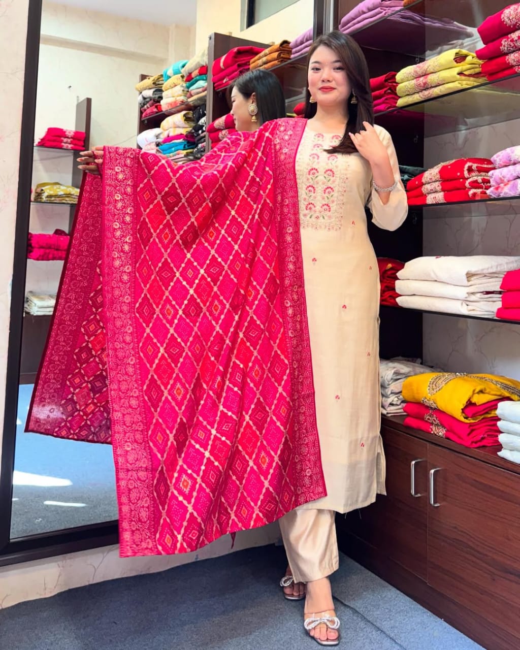 Elegant Cream Kurta Set with  Red Bandhej Dupatta