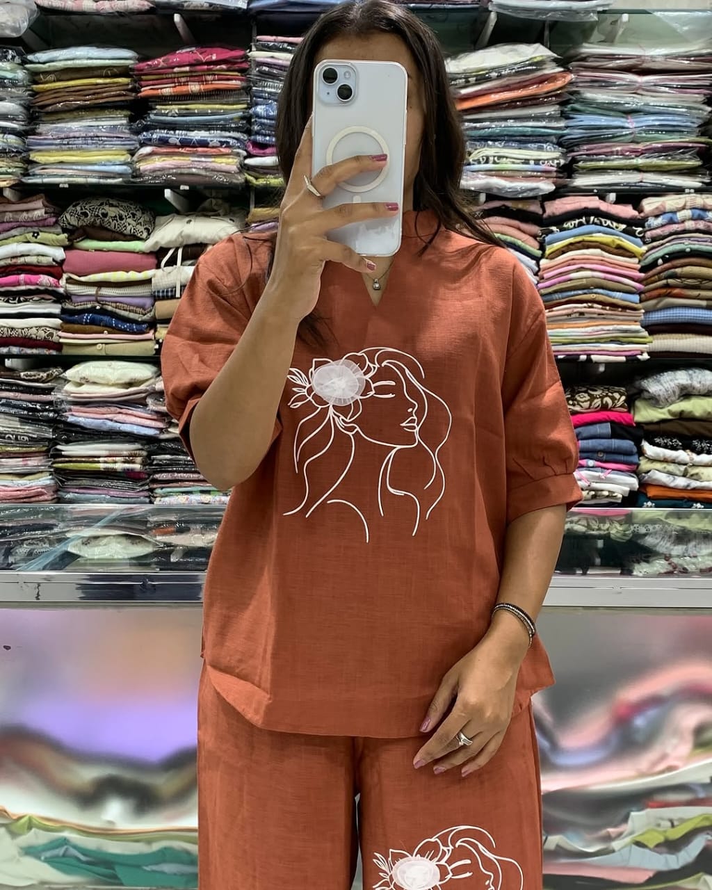 Art Line Face Print Cotton Co-Ord Set for Women
