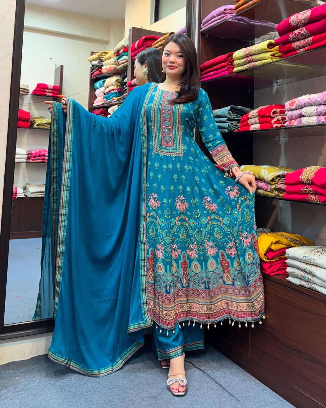 Teal Blue Floral Printed Anarkali Suit with Dupatta