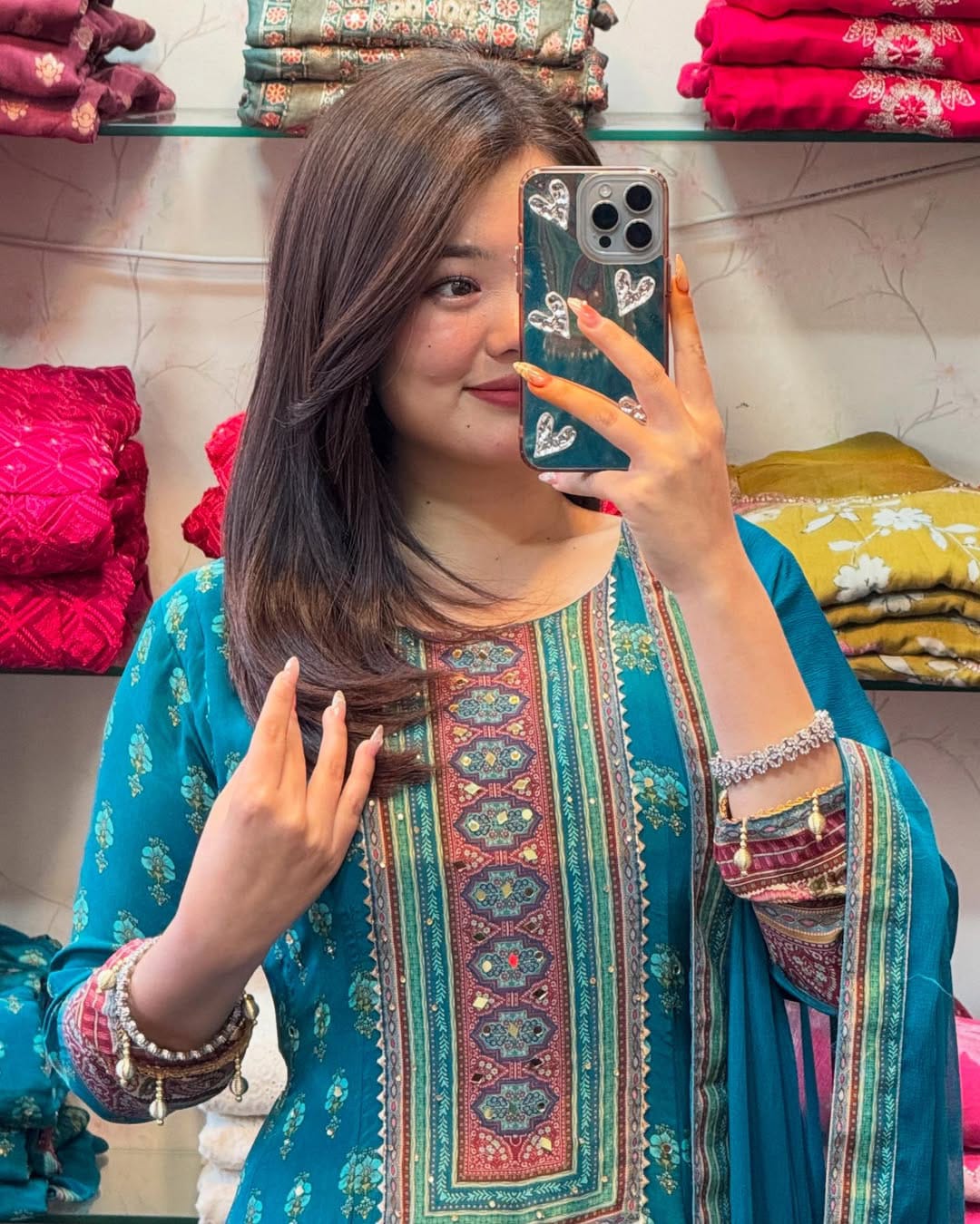 Teal Blue Floral Printed Anarkali Suit with Dupatta