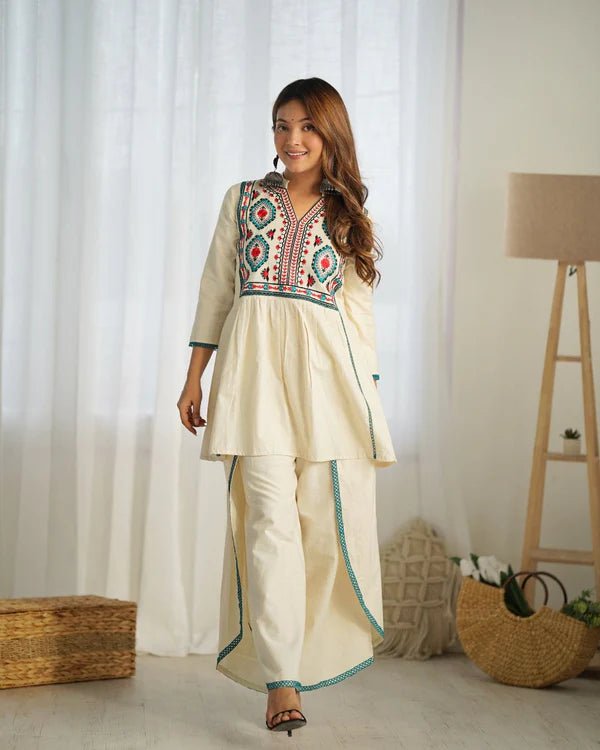 Ivory Cotton Embroidered Kurta with Flared Hem & Wide-Leg Pants