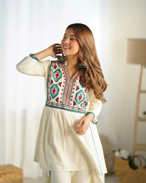 Ivory Cotton Embroidered Kurta with Flared Hem & Wide-Leg Pants
