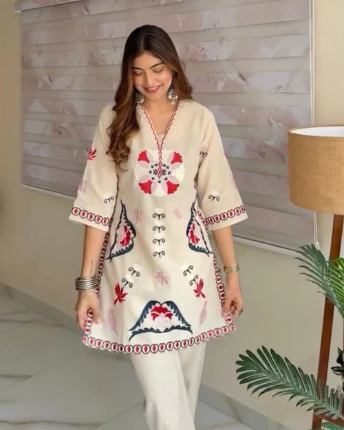 Ivory Red Threaded Festive Cotton Co-ord