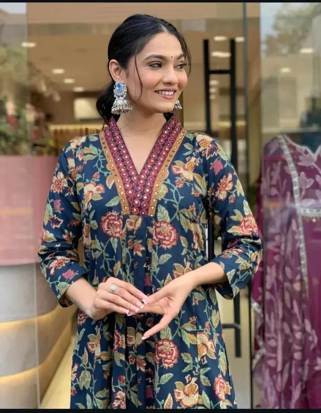 Women's Printed Cotton Anarkali Kurta & Pant With Dupatta Set