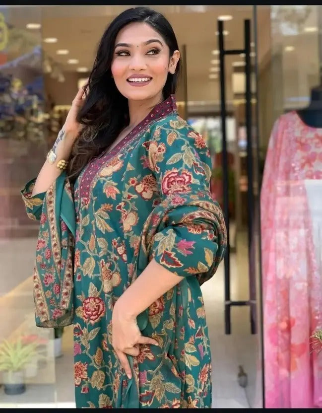 Women's Printed Cotton Anarkali Kurta & Pant With Dupatta Set