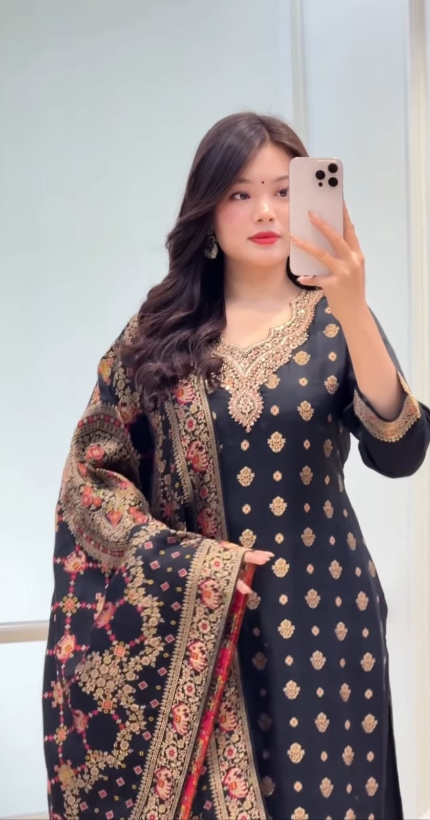 Black Silk Blend Embroidered Kurta Pant Set with Dupatta for Women