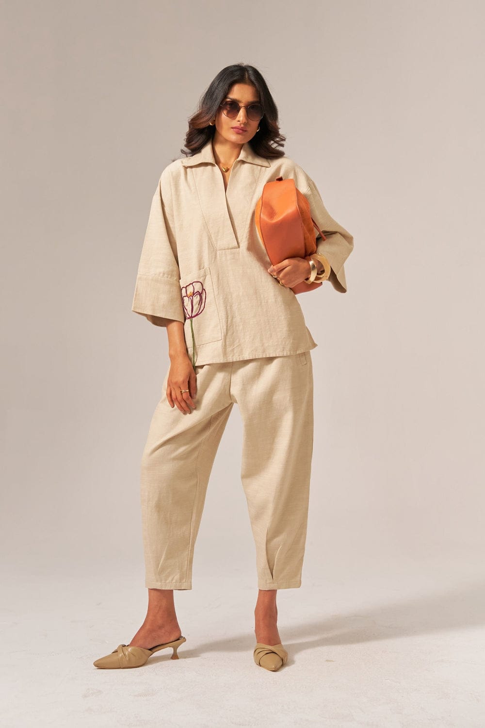 Elegant Linen Coord Set with Hand Embroidered Pocket – Beige Minimal Co-ord Set for Women