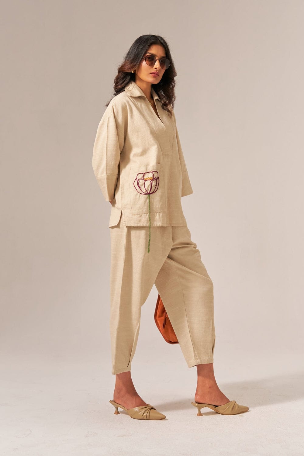 Elegant Linen Coord Set with Hand Embroidered Pocket – Beige Minimal Co-ord Set for Women