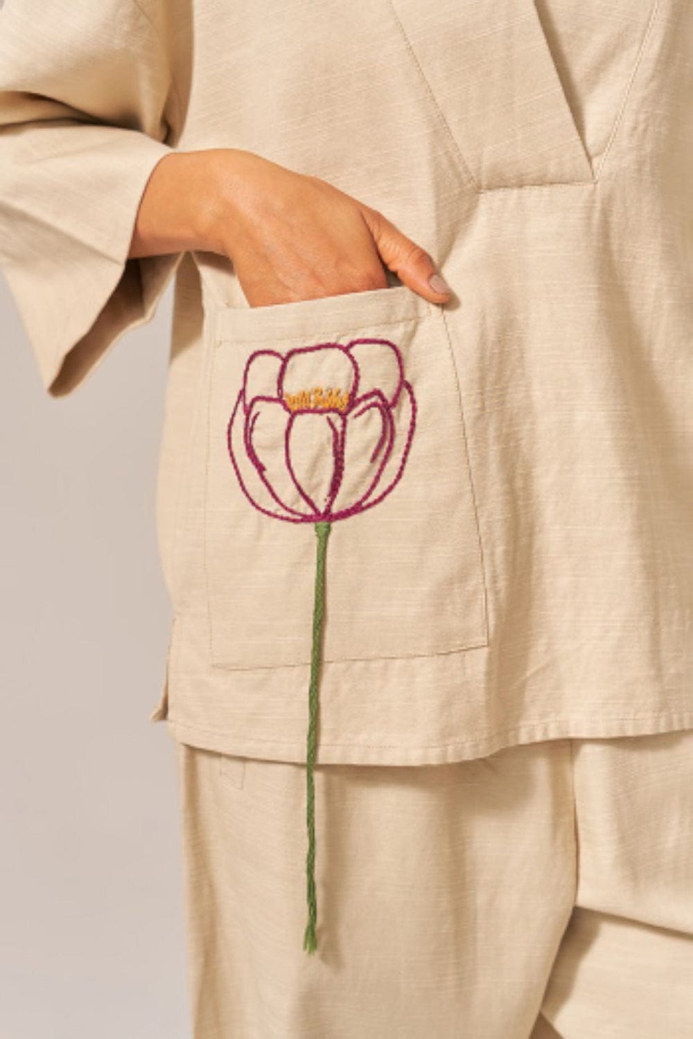 Elegant Linen Coord Set with Hand Embroidered Pocket – Beige Minimal Co-ord Set for Women