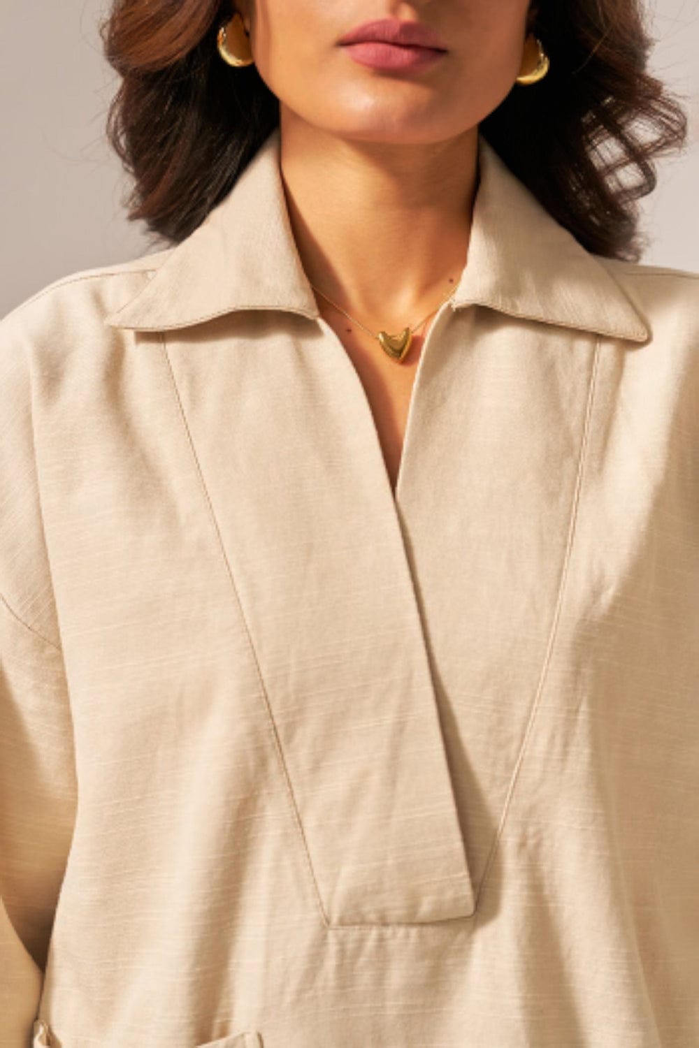 Elegant Linen Coord Set with Hand Embroidered Pocket – Beige Minimal Co-ord Set for Women