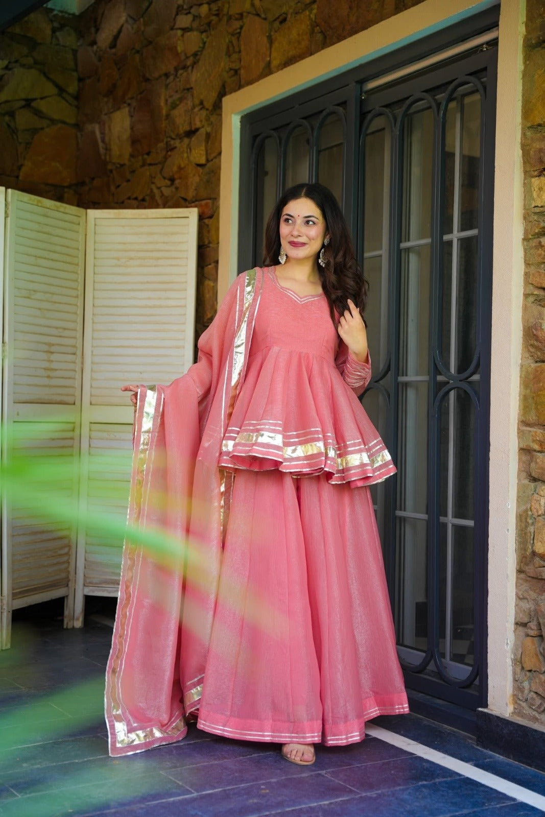 Blush Pink Peplum Kurta & Flared Sharara Set with Dupatta