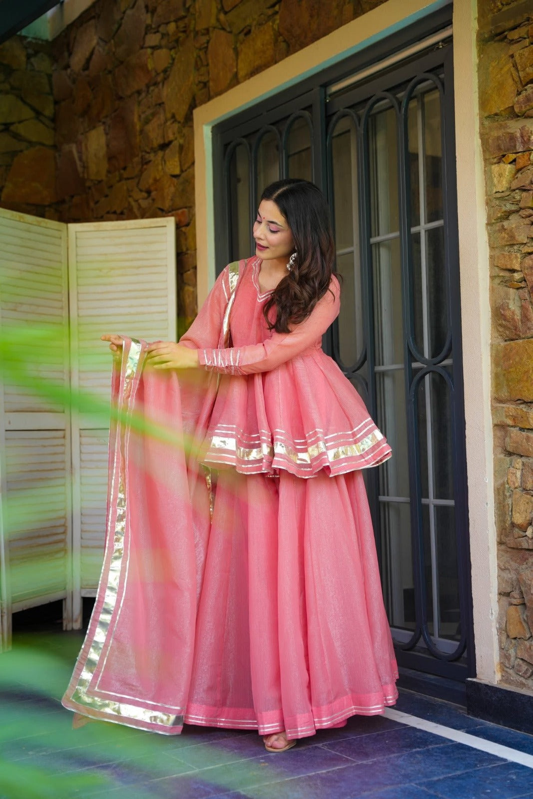 Blush Pink Peplum Kurta & Flared Sharara Set with Dupatta