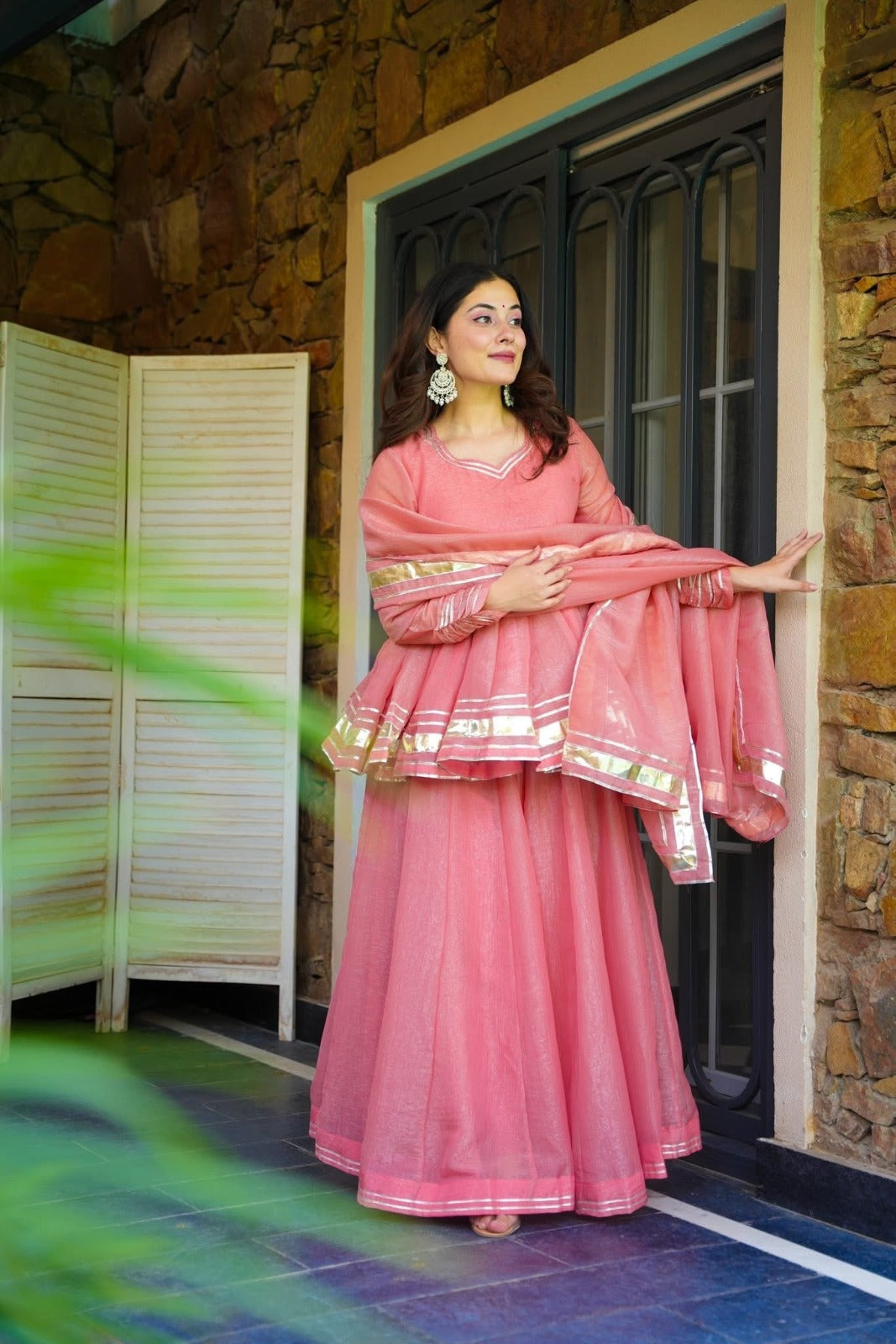 Blush Pink Peplum Kurta & Flared Sharara Set with Dupatta