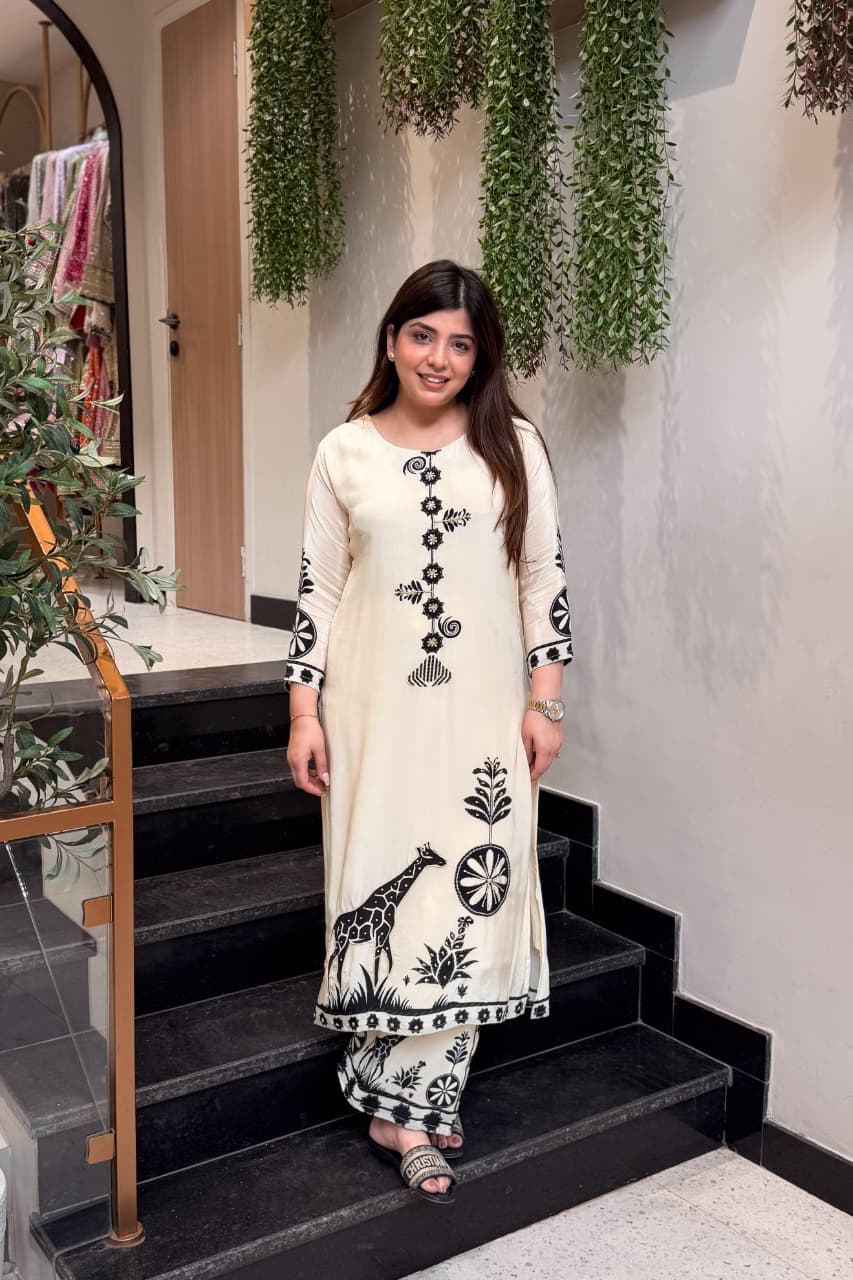 Ivory Tribal Print Straight Kurta & Palazzo Co-ord Set for Women