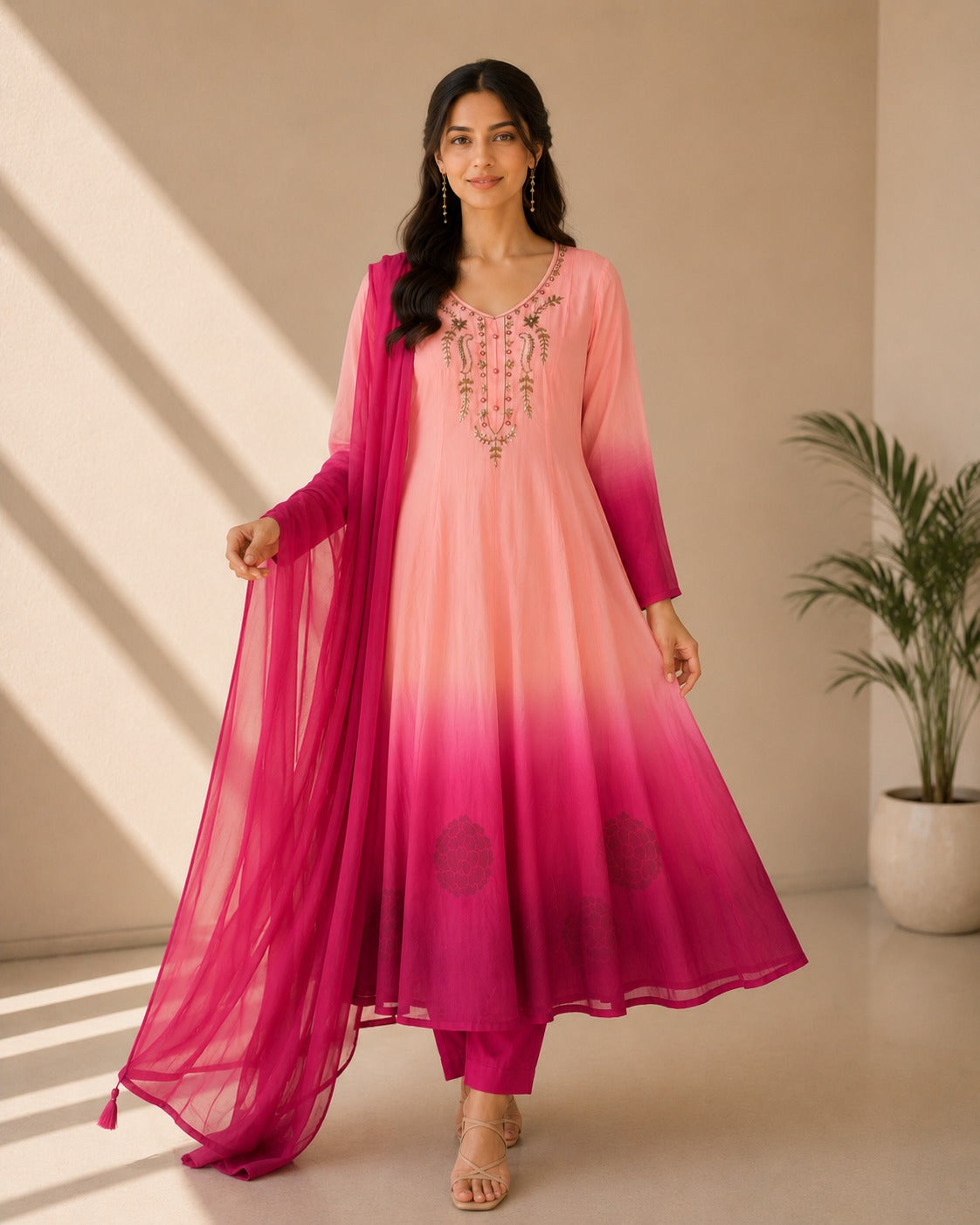 Pink Ombre Embroidered Anarkali Suit Set with Dupatta